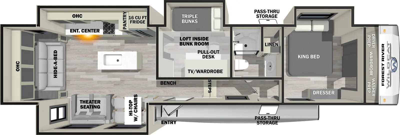 The 36MB has four slideouts and one entry. Exterior features a pass-through storage. Interior layout front to back: front wardrobe, off-door side king bed slideout, and closet with washer/dryer prep; off-door side full bathroom; steps down to entry and bench; mid room with triple bunk slideout, TV/wardrobe with pull-out desk, and a loft inside the bunk room; off-door side slideout with refrigerator, pantry, cooktop, overhead cabinet, and entertainment center with fireplace; kitchen island with sink; door side slideout with hi-top with chairs, and theater seating; rear hide-a-bed sofa with overhead cabinet.